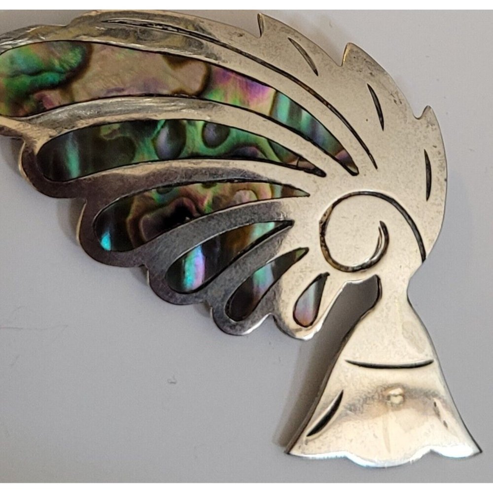 Vintage Taxco Aztec Feather Figural Abalone Brooch Pin 925 Sterling Silver 2"